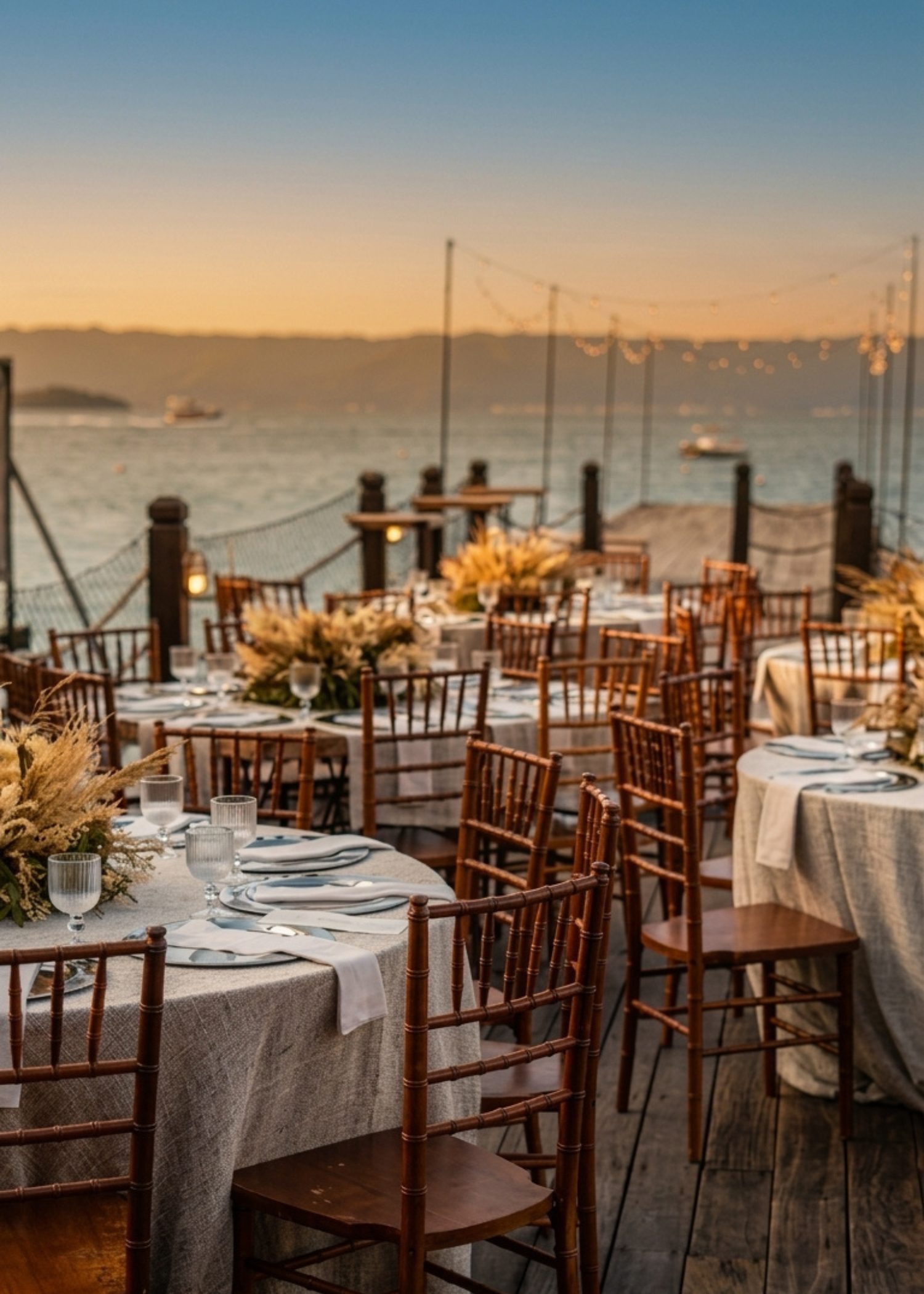 Mesa posta no Pier 151 ao entardecer